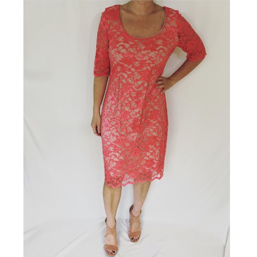 Badgley Mischka Coral Lace Midi Dress